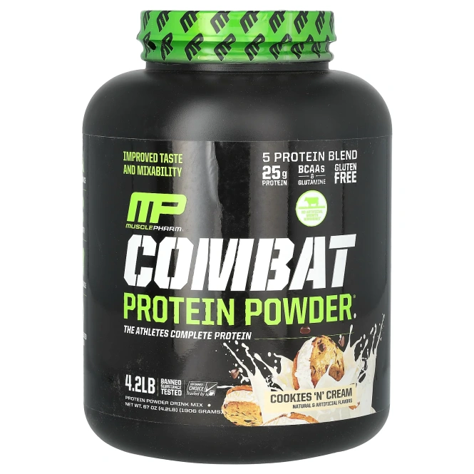 MusclePharm, Порошок Combat, повышенный период  усвоения белка, вкус печенья с кремом, 4 фунта (1814 гр)