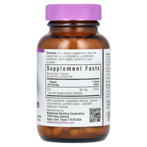 Bluebonnet Nutrition, Хелатированный цинк, 90 капсул в растительной оболочке