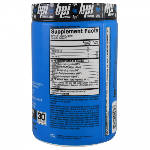 BPI Sports, Лучшее средство перед тренировкой, бета-гидроксибутират кетон и энергетическая формула, синий лимонный лед, 11,11 унций (315 г)