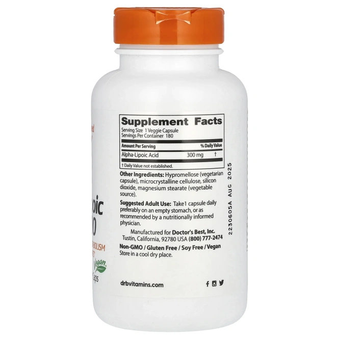 Doctor's Best, Альфа-Липоевая кислота, 300 мг, 180 капсул