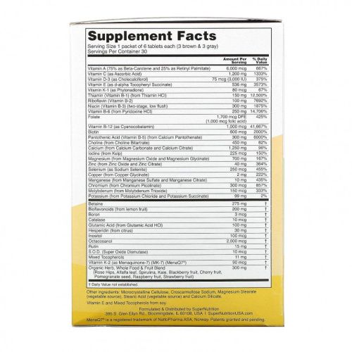 Super Nutrition, Opti-Energy Pack, мультивитаминная / минеральная добавка, без железа, 30 пакетиков (6 таблеток в каждом)