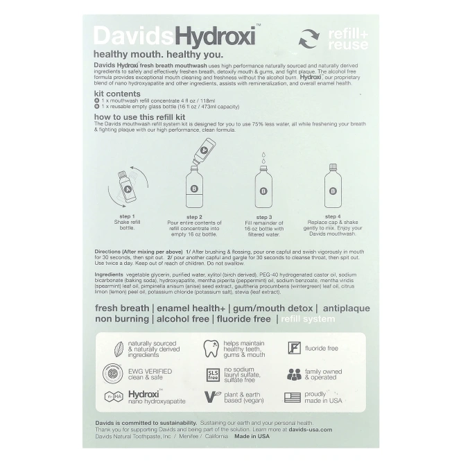 Davids, Refill Kit, жидкость для полоскания рта Fresh Breath, без спирта, натуральная свежая мята, 2 шт.