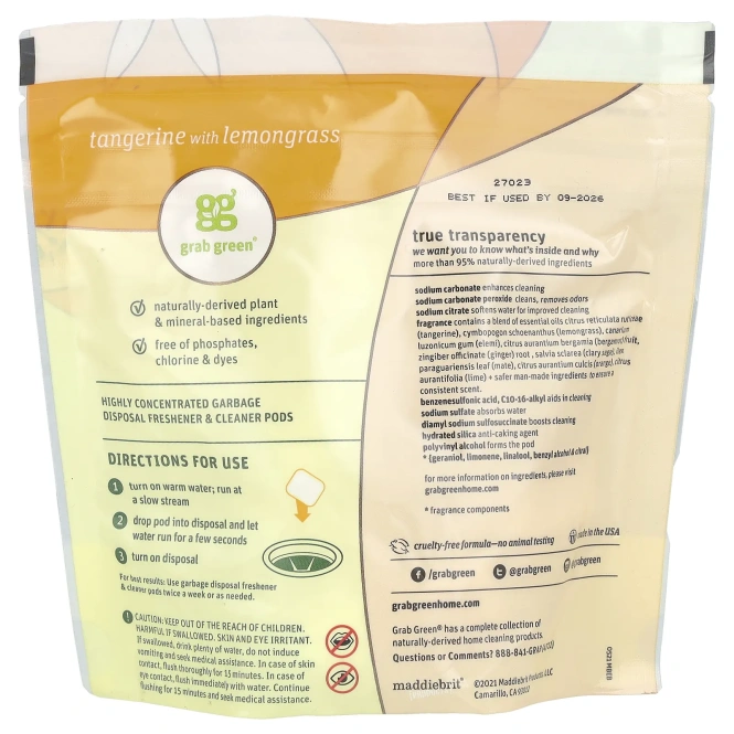 Grab Green, Очиститель и освежитель измельчителя отходов, мандарин и лемонграссс, 12 упаковок, 5,9 унции (168 г)