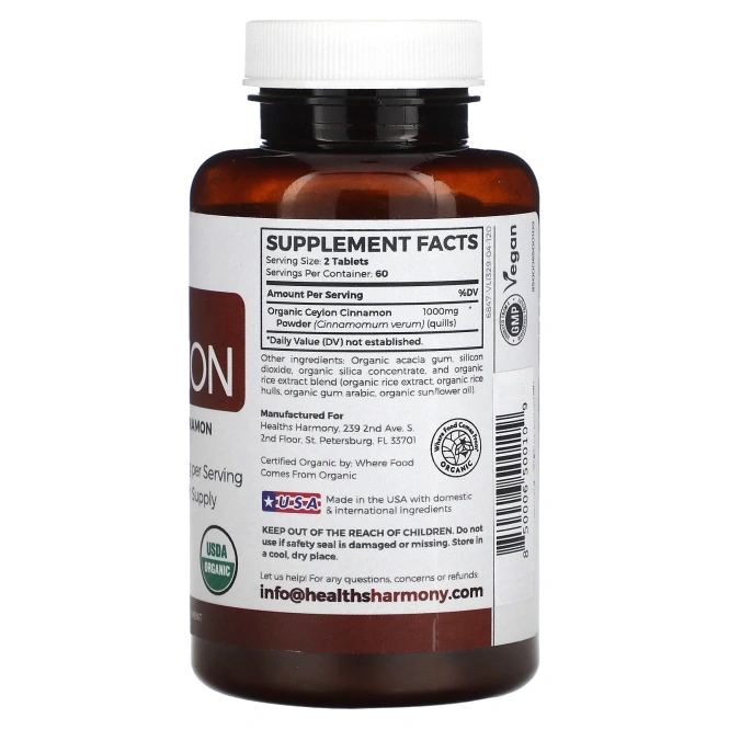 Healths Harmony, органическая цейлонская корица, 1000 мг, 120 таблеток (500 мг в 1 таблетке)