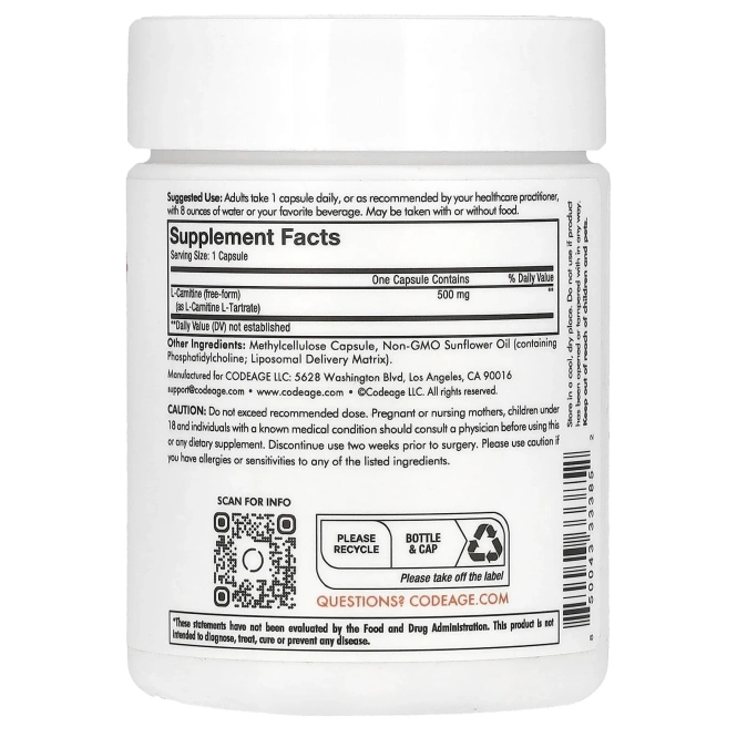 Codeage, Липосомальный L-карнитин +, 90 капсул