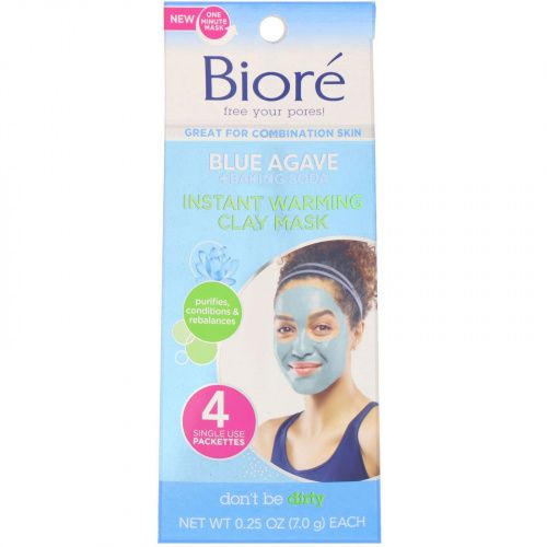 Biore, разогревающая глиняная маска «Голубая агава + сода», 4 одноразовых пакетика по 7 г (0,25 унции)