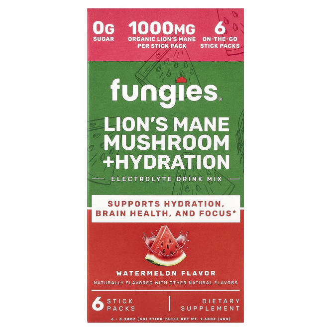 Fungies, ежовик гребенчатый, гриб, гидратация, смесь для приготовления электролитического напитка, арбуз, 6 пакетиков по 8 г (0,28 унции)