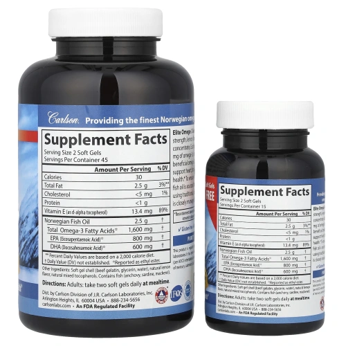 Carlson Labs Elite Omega-3 1600 мг Wild Norwegian Omega-3s, со вкусом лимона, 90 + 30 мягких таблеток