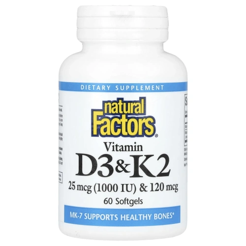 Natural Factors, Витамин D3 и K2, 60 гелевых капсул