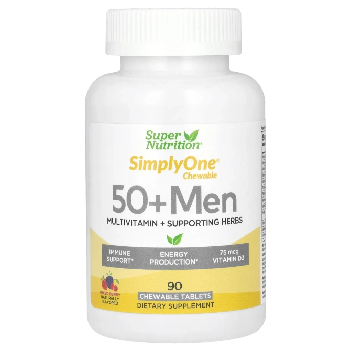 Super Nutrition, SimplyOne, Мультивитамины тройной силы для мужчин 50+, Вкус лесных ягод, 90 жевательных таблеток