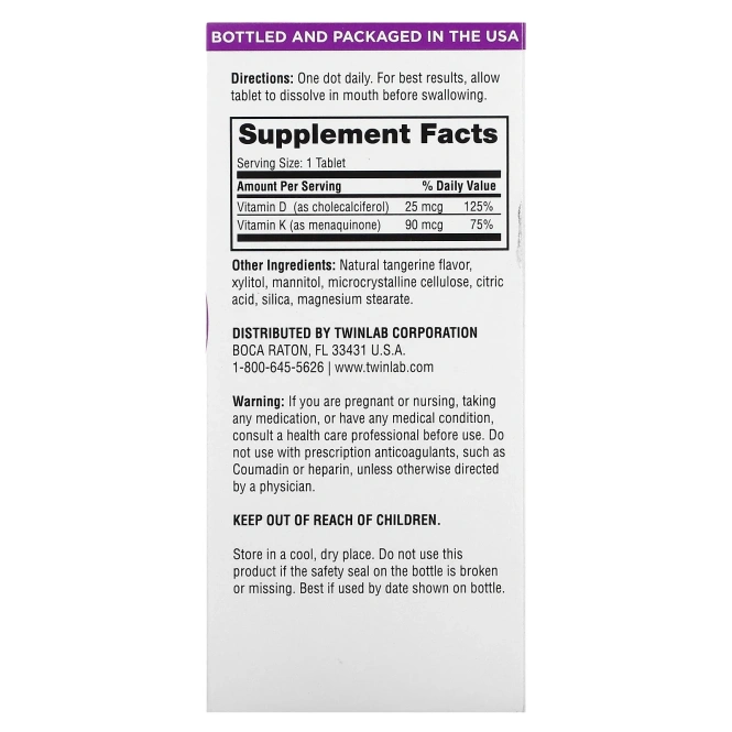 TwinLab, D3 plus K2 Dots Мандарин 60 таблеток