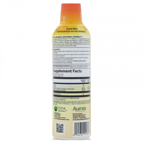 Aurora Nutrascience, Мега-липосомный витамин С, Органический фруктовый вкус, 3000 мг, 16 ж. унц.(480 мл)