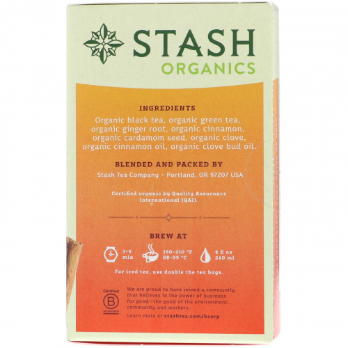 Stash Tea, Black Tea, Organic Chai, 18 Tea Bags, 1.1 oz (33 g)