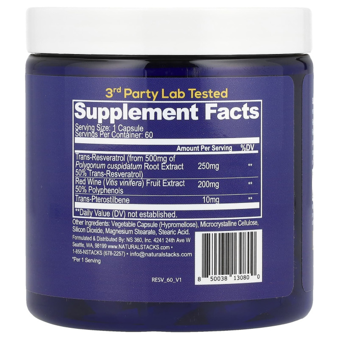 Natural Stacks, Ресвератрол +, 60 веганских капсул