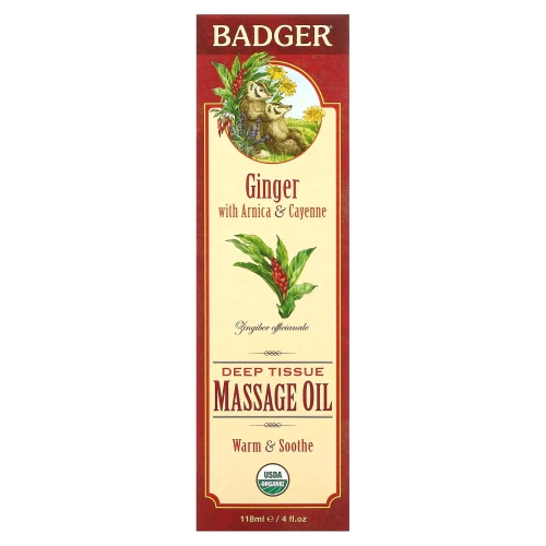 Badger Company, Масло для глубокого массажа, имбирь с арникой и кайенским перцем, 4 жидких унции (118 мл)