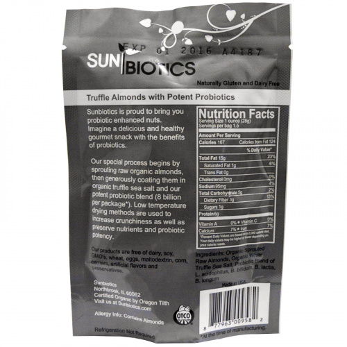 Sunbiotics, Органические пробиотические закуски гурме, трюфельный миндаль, 1,5 унции (42,5 г)