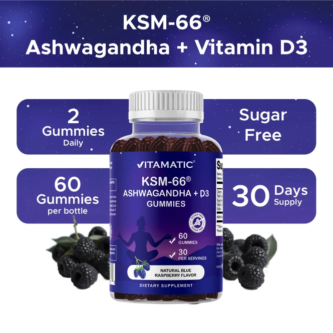 Vitamatic, KSM-66®, ашваганда и витамин D3, натуральный вкус голубой малины, 60 жевательных таблеток