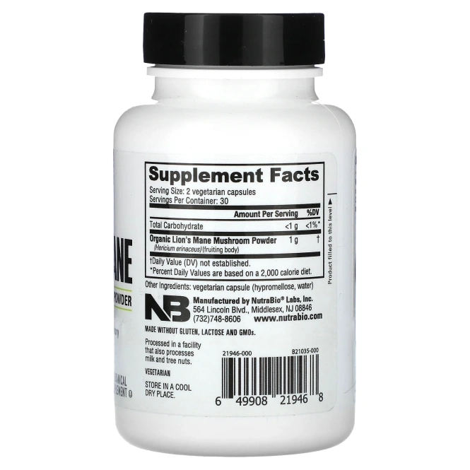 NutraBio, Органическая львиная грива, 60 капсул