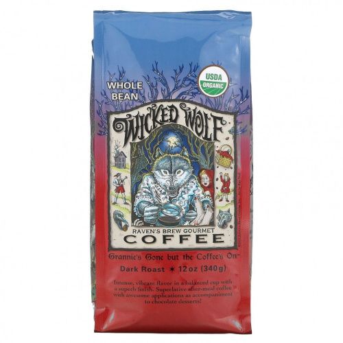Raven's Brew Coffee, Wicked Wolf Coffee, Органический, цельные зерна, темная обжарка, 12 унций (340 г)