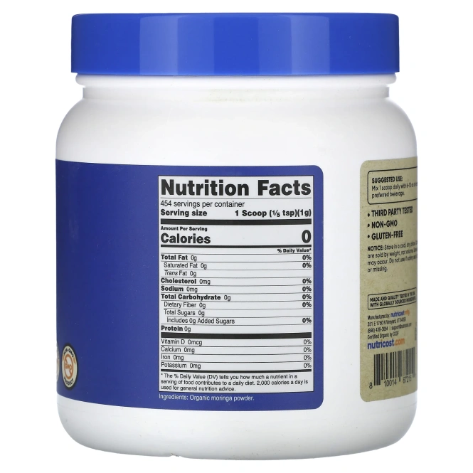 Nutricost, органическая моринга, без добавок, 454 г (16 унций)
