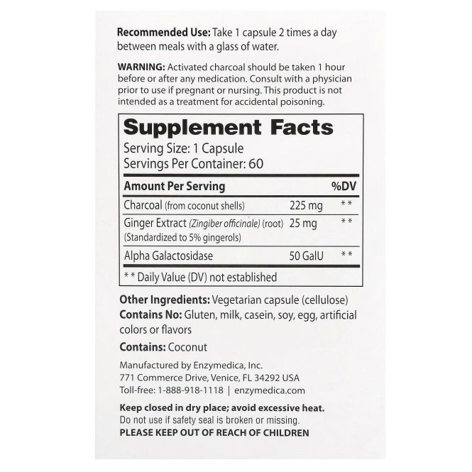 Enzymedica, Очищение, активированный кокосовый уголь+, 60 капсул