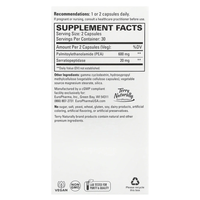 Terry Naturally, ПЭА для здоровой реакции на воспаление с серратиопептидазой, 60 капсул