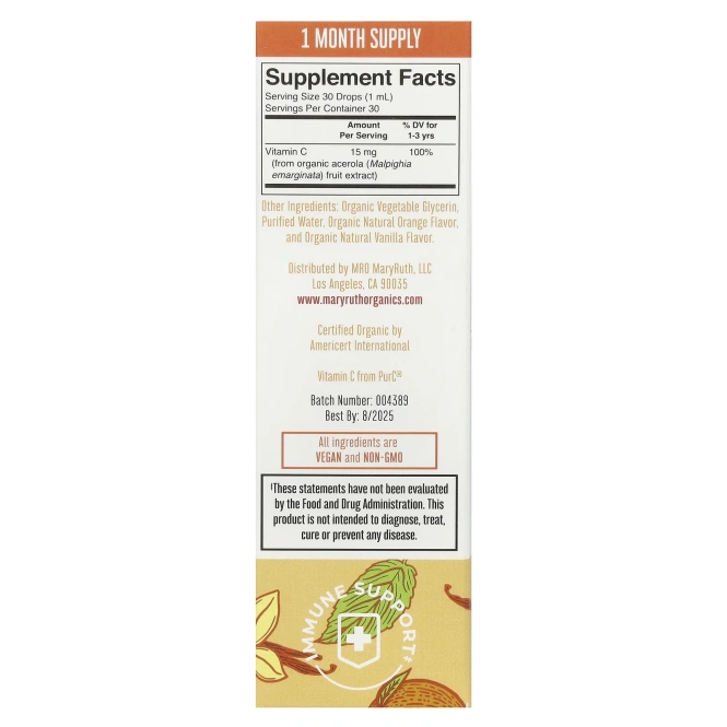 MaryRuth Organics, Жидкие капли с витамином С для малышей, для детей от 1 до 3 лет, апельсин и ваниль, 30 мл (1 жидк. Унция)