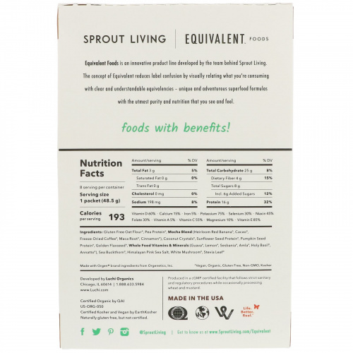 Sprout Living, Equivalent, Питьевые овсяные хлопья, Мокко, 8 пакетов, 1,7 унции (48,5 г) каждый
