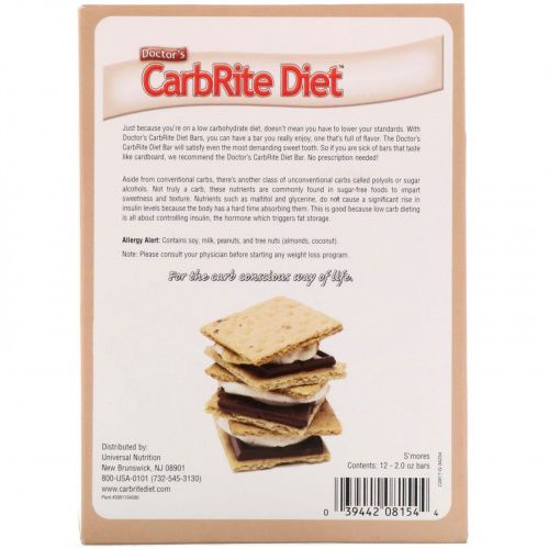 Universal Nutrition, Диетические батончики без сахара Doctor's CarbRite, Смор, 12 батончиков, 2 унции (56,7 г) каждый