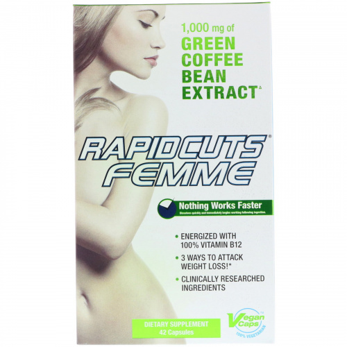 FEMME, Rapidcuts Femme, зеленый кофе для похудения с витамином B12, 42 капсулы