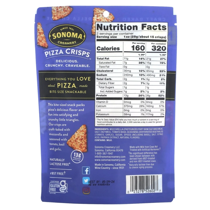 Sonoma Creamery, Pizza Crisps, томатный базилик, 57 г (2 унции)