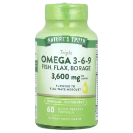 Nature's Truth, Triple Omega 3-6-9, рыба, лен, бурачник, 3600 мг, 60 капсул быстрого действия (1200 мг в каждой капсуле)