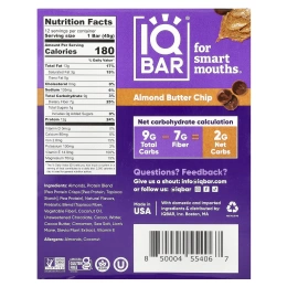 IQBAR, Plant Protein Bar, чипсы из миндального масла, 12 батончиков, по 45 г (1,6 унции)