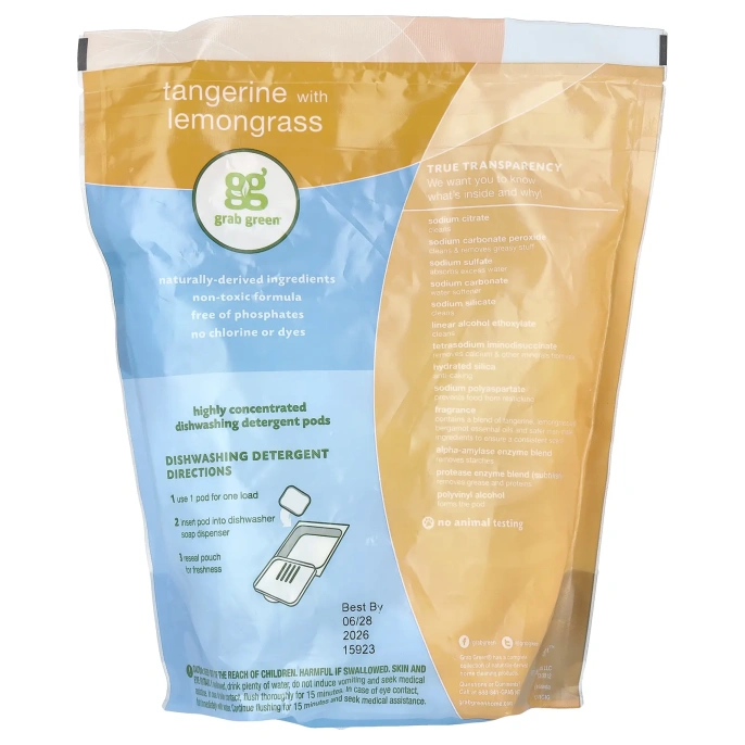 Grab Green, Моющее средство для посудомоечной машины, мандарин и лимонник, 2 фунта, 4 унции (1080 г)