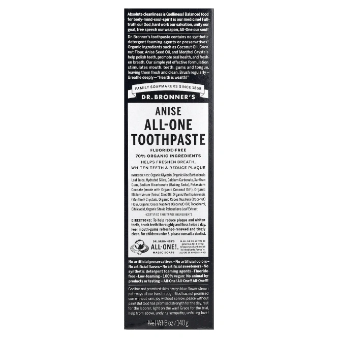 Dr. Bronner's, универсальная зубная паста без фторидов, анис, 140 г (5 унций)
