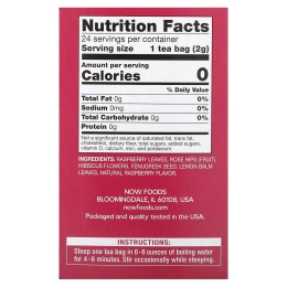 NOW Foods, чай с красной малиной, без кофеина, 24 чайных пакетика, 48 г (1,7 унции)