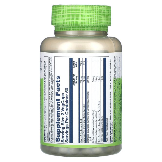 Solaray, True Herbs, эхинацея, витамин C и цинк, 850 мг, 100 растительных капсул (425 мг в 1 капсуле)