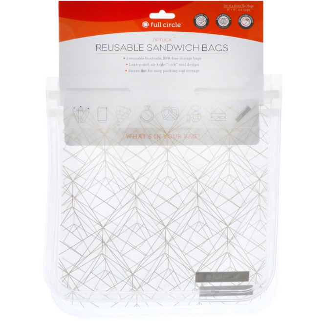 Full Circle, ZipTuck, Reusable Sandwich Bags, Gold Geo, 2 Bags