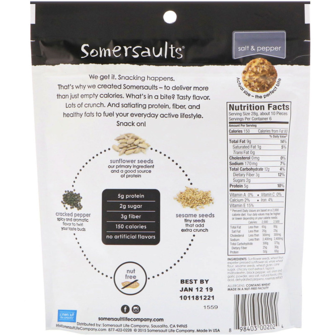 Somersaults, Закуска семян подсолнуха, соленый перец, 170 г (6 унций)
