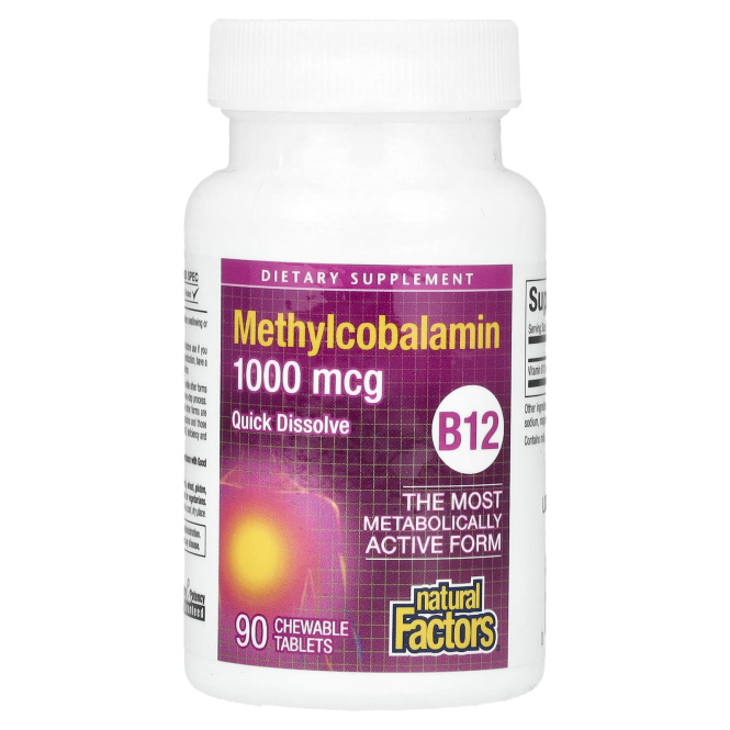 Natural Factors, B12 метилокобаламин, 1000 mcg, 90 жевательных таблеток