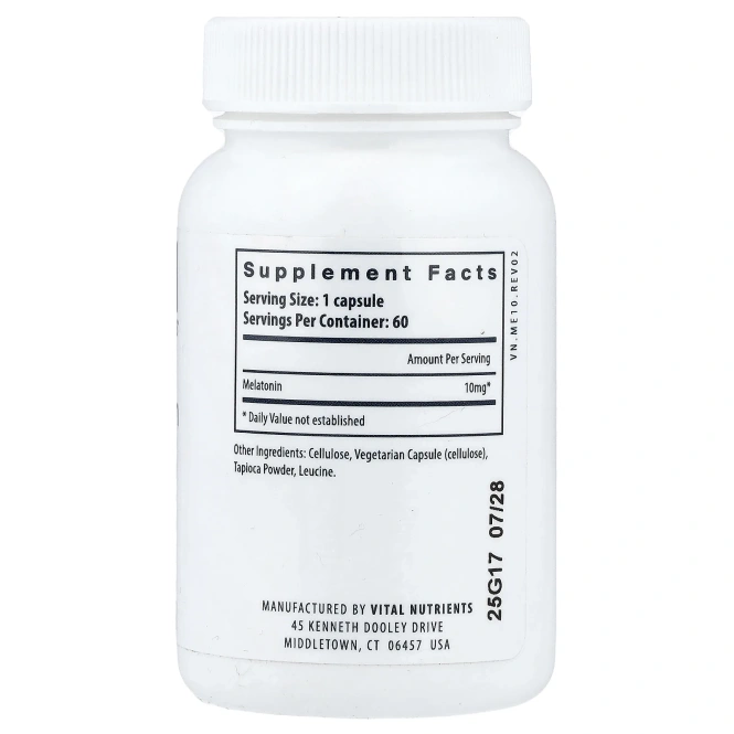 Vital Nutrients, мелатонин, 10 мг, 60 веганских капсул