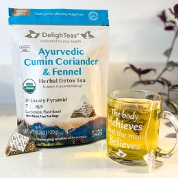DelighTeas, Ayurvedic Cumin, Coriander & Fennel, травяной чай для выведения токсинов, без кофеина, 30 роскошных чайных пакетиков Pyramid, 120 г (4,2 унции)