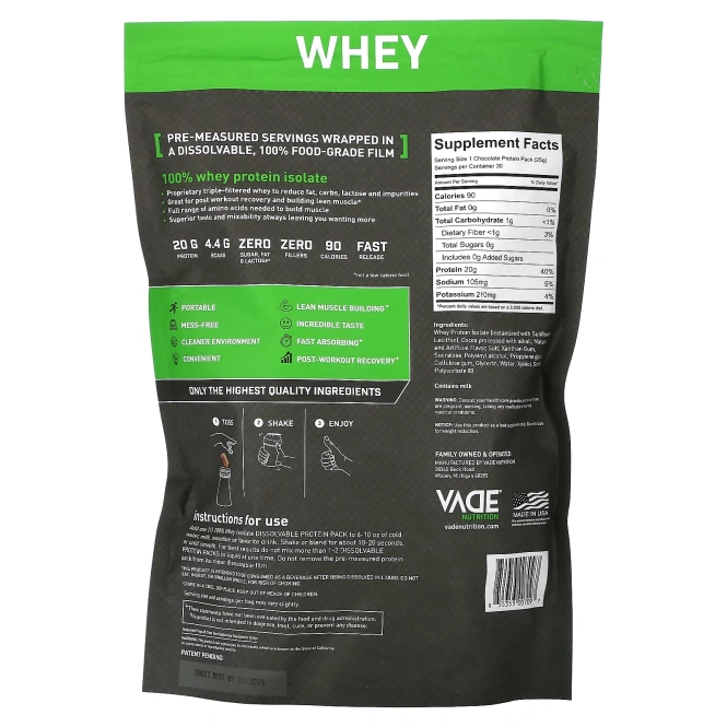 Vade Nutrition, Пакетики с растворимым протеином, 100% изолят сыворотки, шоколадный молочный коктейль, 750 г (1,7 фунта)