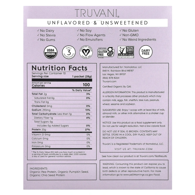 Truvani, Растительный протеин, без ароматизаторов и подсластителей, 10 пакетиков по 28 г (0,99 унции)