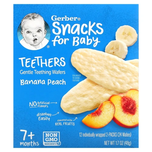 Gerber, прорезыватели, вафли для мягкого прорезывания зубов, для малышей от 7 месяцев, банан и персик, 12 пакетиков по 2 вафли в каждом
