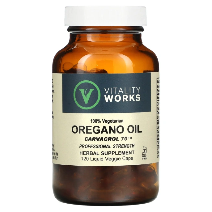 Vitality Works, Масло орегано, Карвакрол 70, 120 капсул