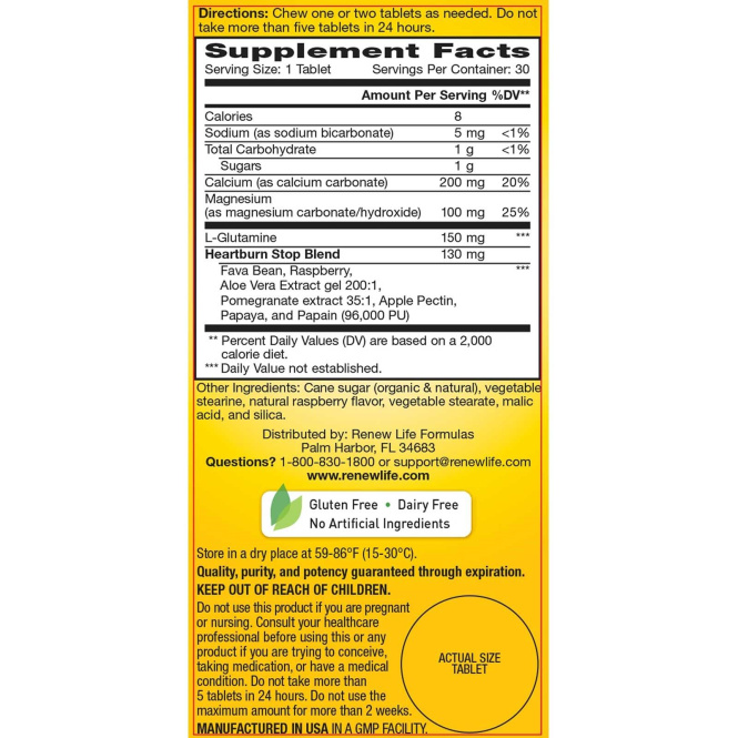 Renew Life, Избавление от Изжоги, со Вкусом Малины 30 жевательных таблеток