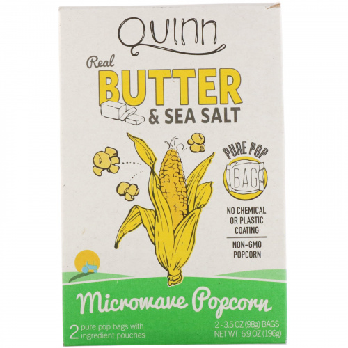 Quinn Popcorn, Попкорн с добавлением масла и морской соли, 2 пакета по 3,5 унции (98 г) каждый