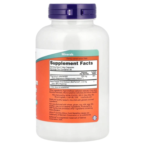 NOW Foods, глицинат магния с BioPerine®, 180 растительных капсул