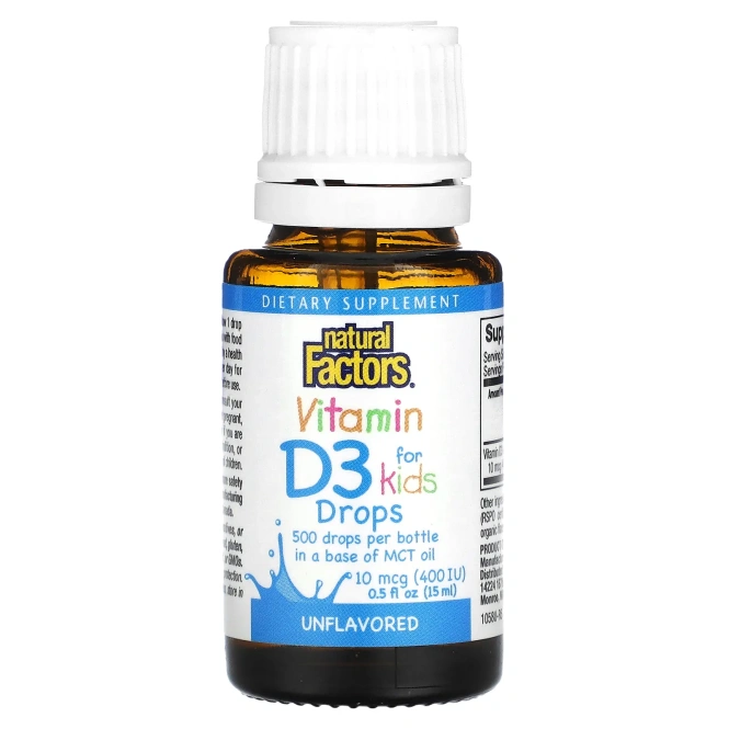 Natural Factors Vitamin D3 400 МЕ в каплях для детей без ароматизаторов, 0,5 ж. унц. (15 мл)
